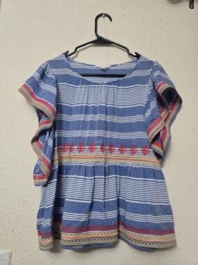 THML Blue Striped Ruffle Sleeve Embroidered Peplum Top
